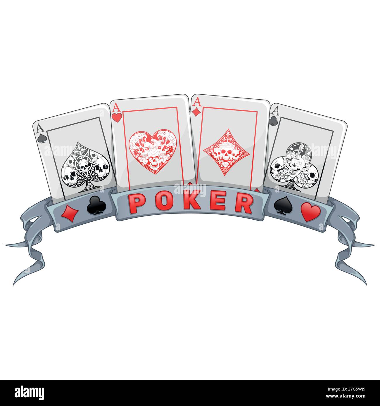 Pokerkarten umgeben von einem Band, Pokersymbole mit Herz, Diamant, Schläger und Ass mit verschiedenen Schädeldesigns Stock Vektor