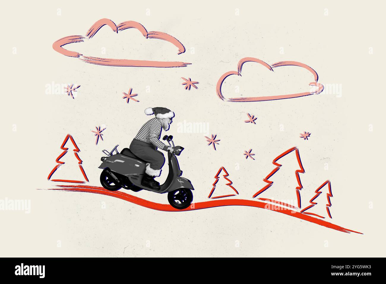 Collage schwarz weiß Gamma-Bild von funky Mann santa claus Kostüm reitend Motorrad und Lieferung Geschenke isoliert auf Zeichnung Hintergrund Stockfoto