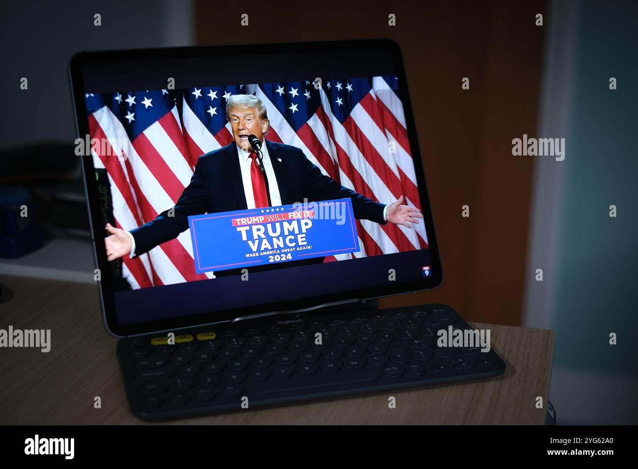 Donald Trump erklärt den Sieg bei den US-Präsidentschaftswahlen 2024 am 5. November 2024 Stockfoto