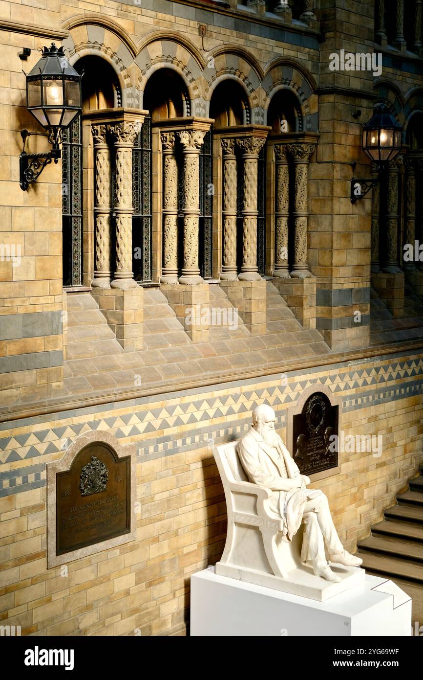 Die Marmorstatue von Charles Darwin wurde 1885 auf der Treppe der Hintze Hall im Natural History Museum in London enthüllt. Stockfoto