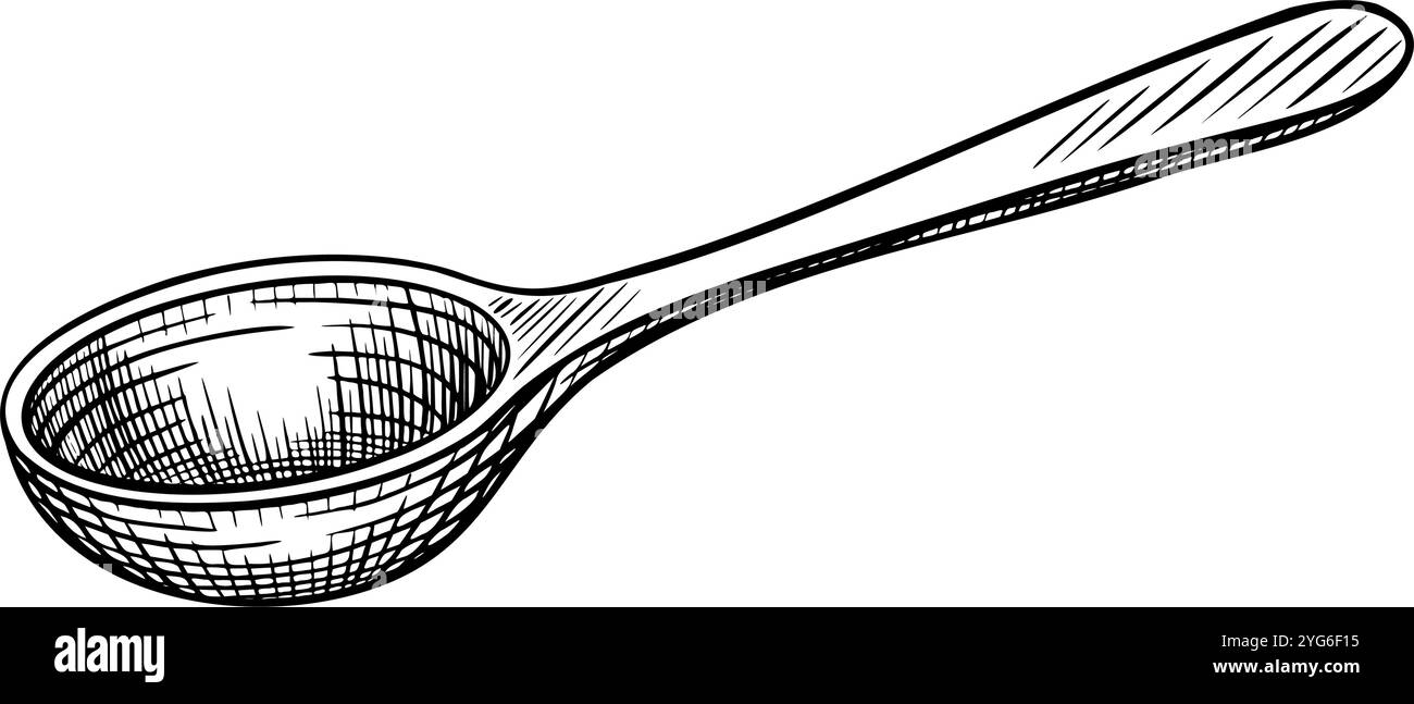 Holzlöffel Vektor-Illustration. Lineare Zeichnung von Küchenutensilien, bemalt mit schwarzer Tinte im Ätzstil für Kochbuch-Design oder Produktetikett. Monochrome Gravur von Löffel für Rezept. Stock Vektor