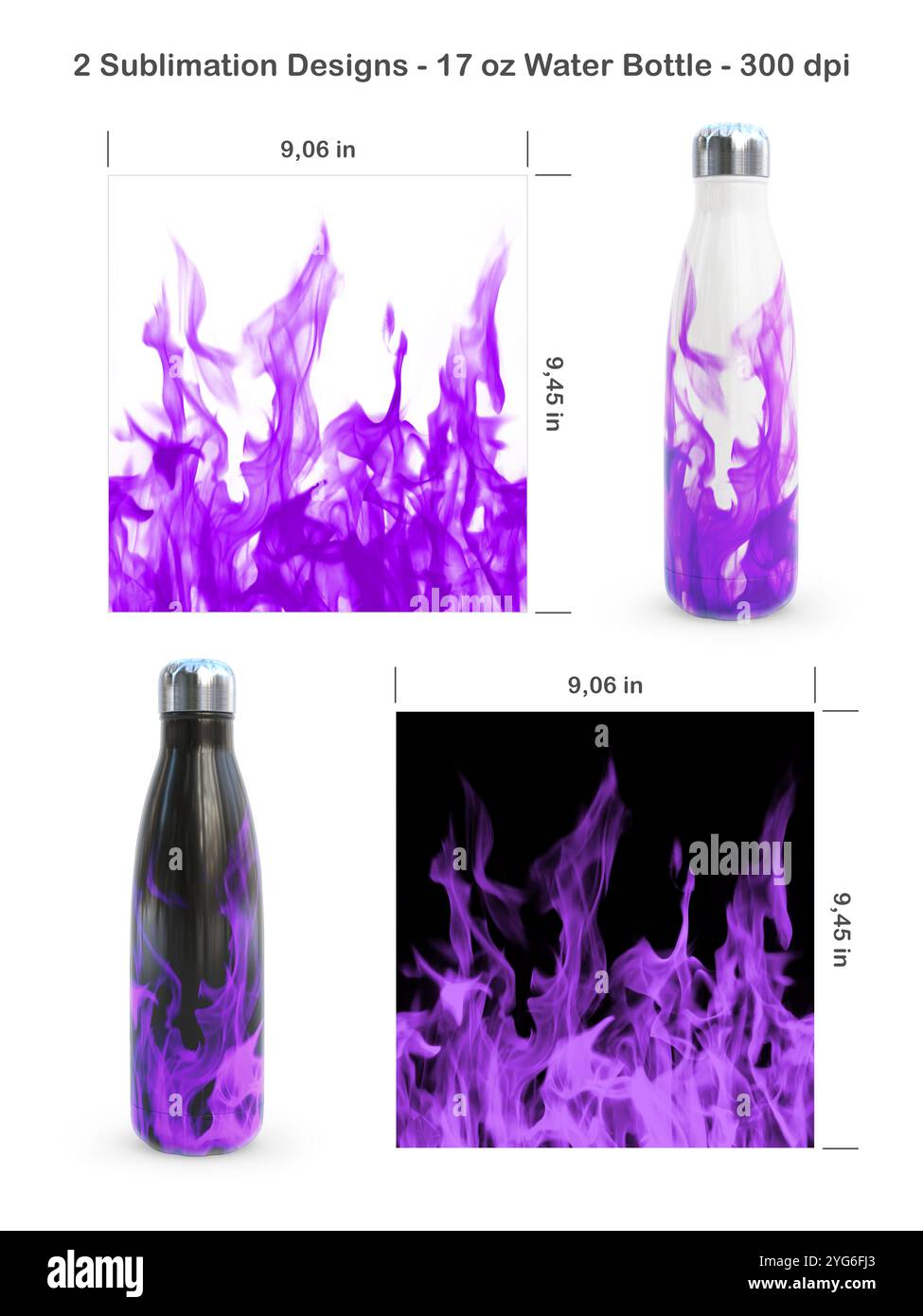 Set aus 2 Brandmustern auf weißem und schwarzem Hintergrund. Nahtlose Sublimationsschablonen für 17-ml-Wasserflaschen. Sublimationsdarstellung. Stockfoto