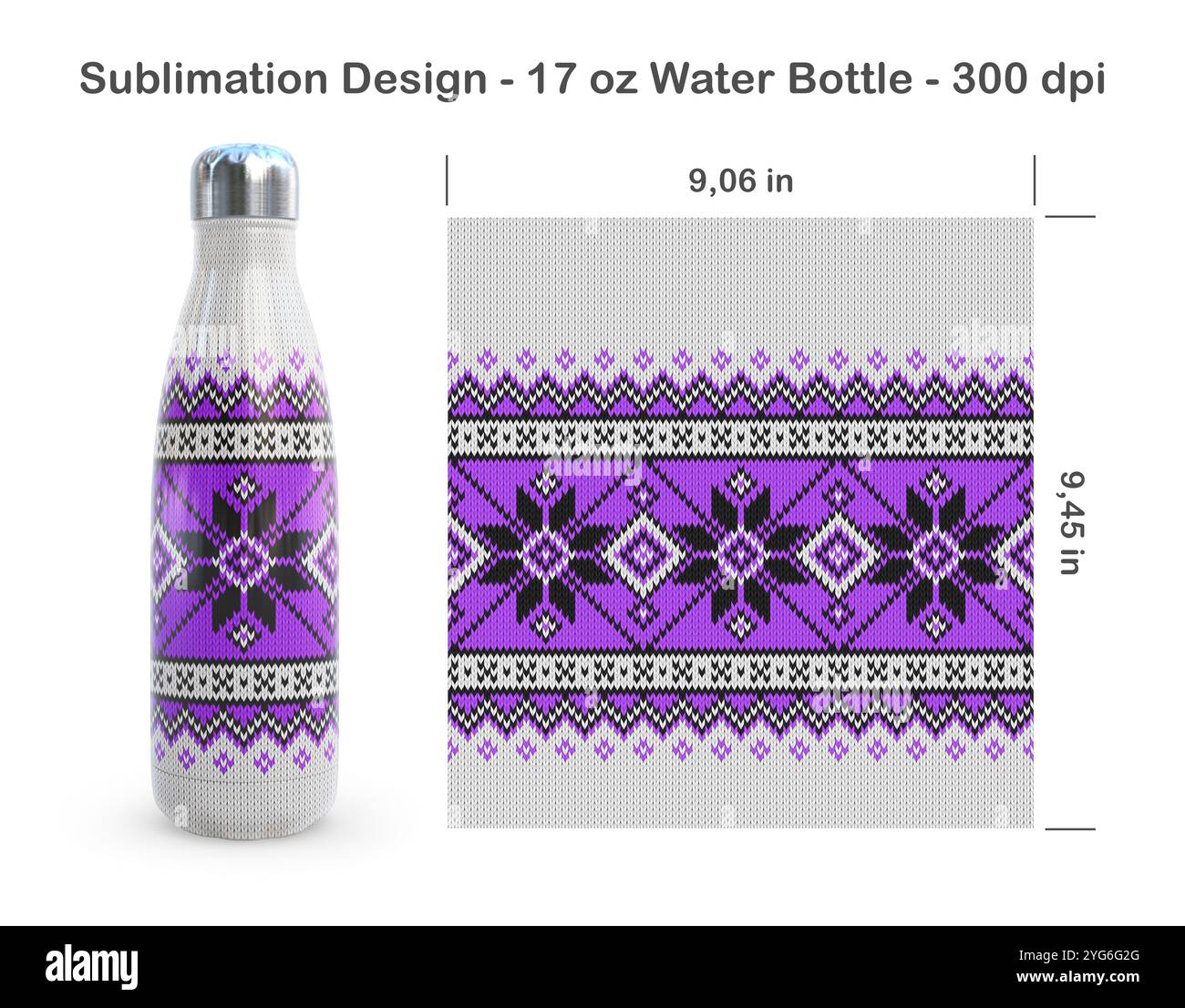 Strickpullover. Nahtlose Sublimationsschablone für 17-oz-Wasserflasche. Sublimationsdarstellung. Nahtlos von Kante zu Kante. Volle Flaschenverpackung. Stockfoto