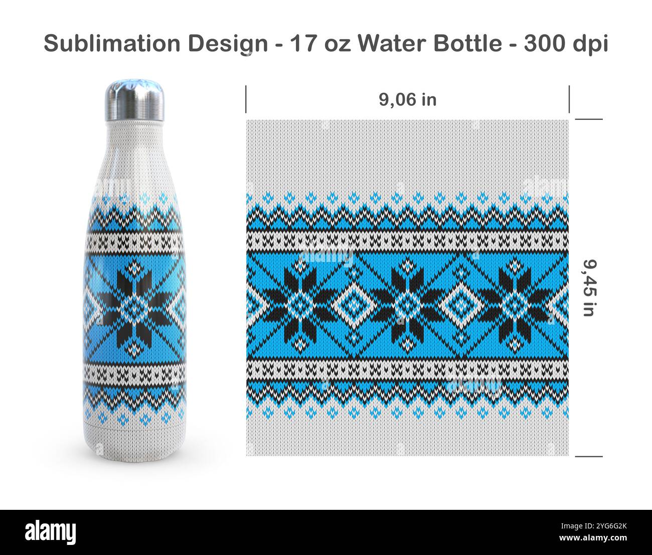 Strickpullover. Nahtlose Sublimationsschablone für 17-oz-Wasserflasche. Sublimationsdarstellung. Nahtlos von Kante zu Kante. Volle Flaschenverpackung. Stockfoto