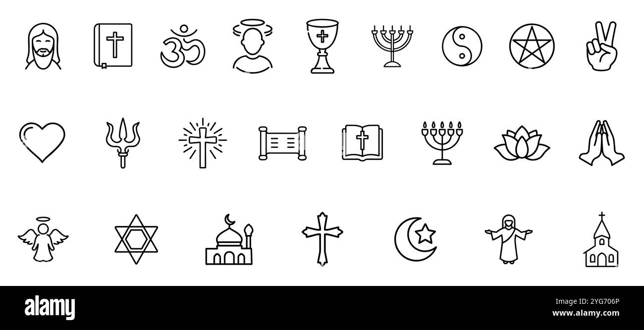 Vektorreligionssymbole legen einen dünnen Stil fest. Stock Vektor
