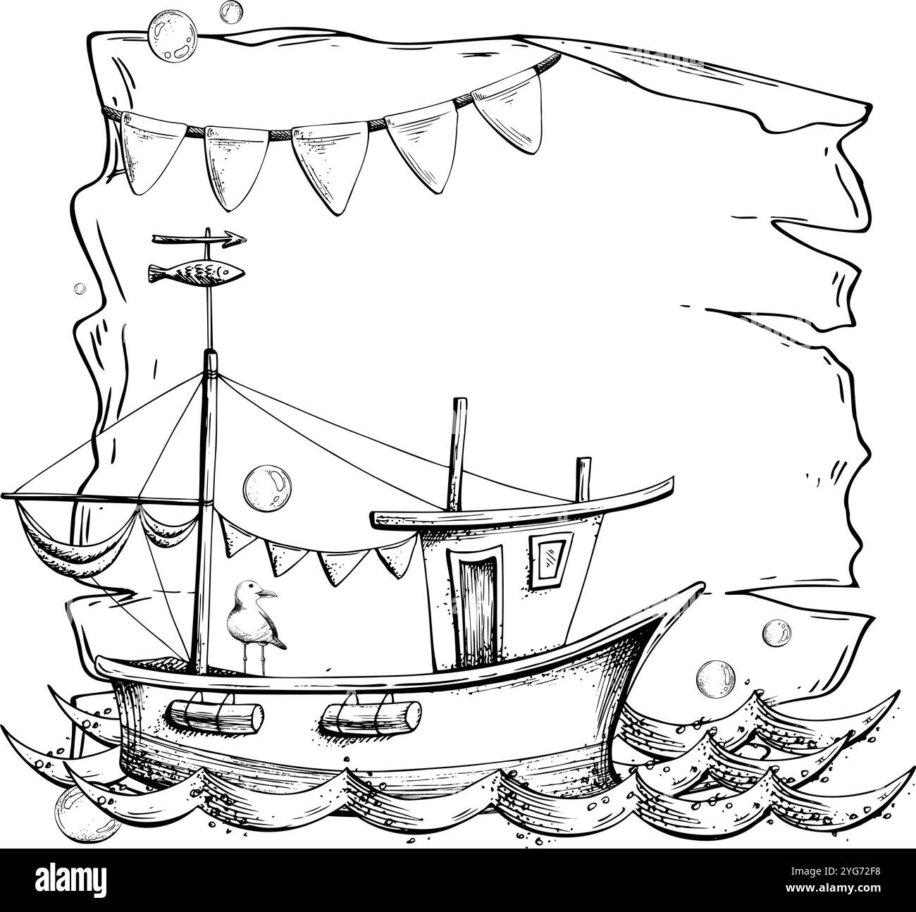 Ein Segelboot zum Angeln mit einer Flaggengirlande, einer Möwe, Wellen und Wasserblasen. Grafische lineare Zeichnung, handgezeichnet in Schwarzweiß Stock Vektor