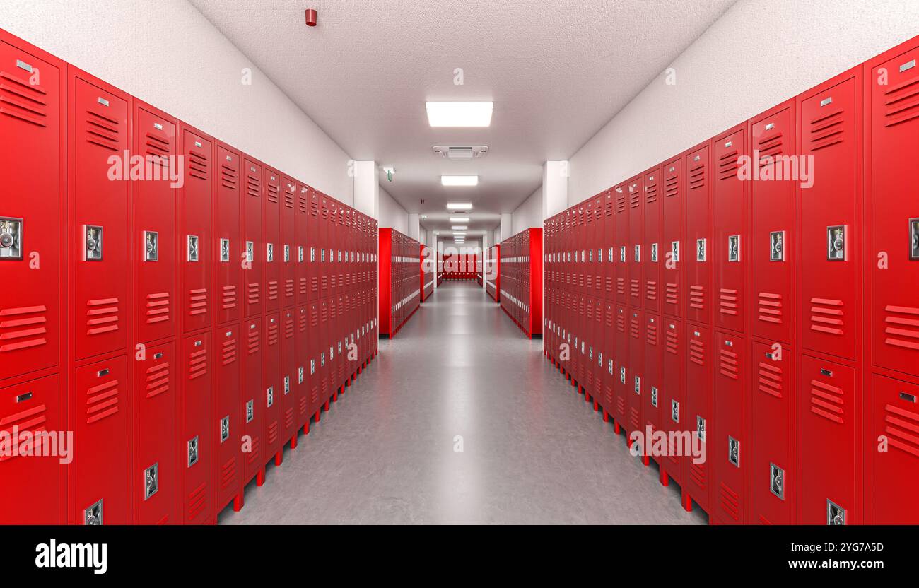 Rote Schließfächer im langen Korridor sind leer. 3d Stockfoto