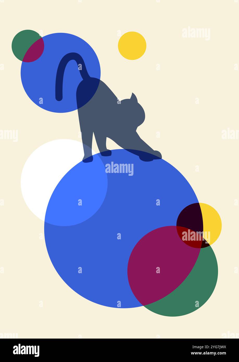 Niedliche Katzensilhouette, ästhetischer Boho-Stil. Kätzchen auf bunten Blobs 2D-Illustration. Cat Life Konzept, Vektorkunst. Boho-Wanddekor. Mitte des Jahrhunderts modernes M Stock Vektor