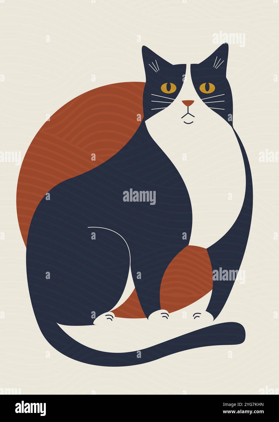 Schwarze Katze und Sonne ästhetische Boho-Kunst. 2D-Illustration für Hauskätzchen. Cat Life Konzept, Vektorkunst. Boho-Wanddekor. Moderne Minimali-Zimmer aus der Mitte des Jahrhunderts Stock Vektor