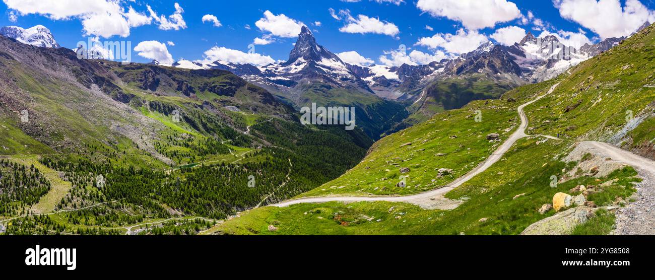 Berühmte Wanderwege in der Schweiz, atemberaubende Alpen, Walliser Kanton, Panoramablick auf den berühmten Berg Matterhorn Stockfoto