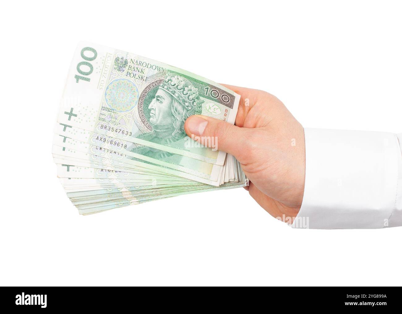 Handhaltung Polnischer 100-Zloty-Banknoten Stockfoto