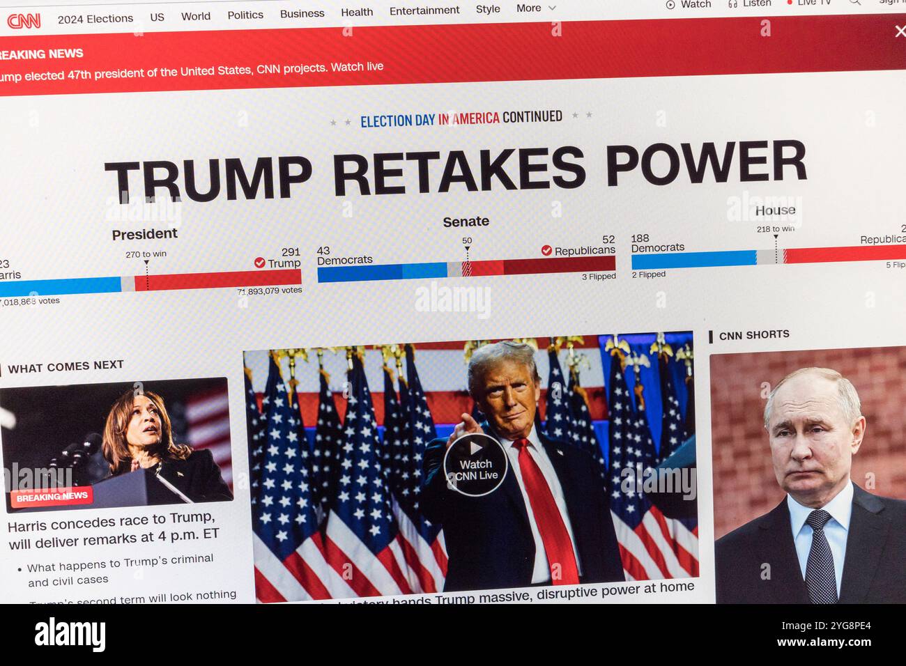 "Trump retakes Power": CNN News Website als Reaktion auf die Nachricht, dass Donald Trump wiedergewählt wurde, 6. November 2024. Stockfoto