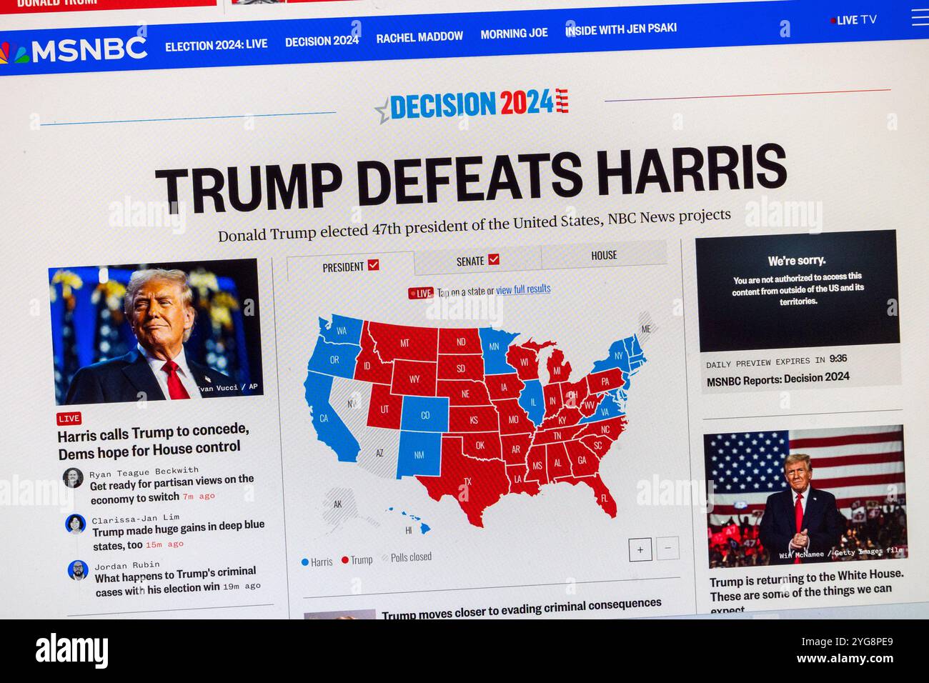 „Trump besiegt Harris“: Die Website der MSNBC reagiert auf die Nachricht, dass Donald Trump wiedergewählt wurde, am 6. November 2024. Stockfoto