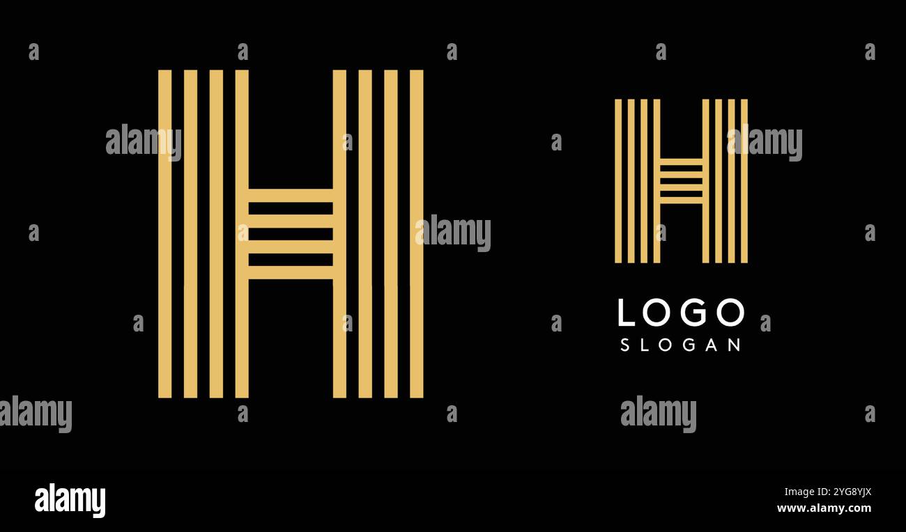 Geometrischer goldener Buchstabe H, vier parallele Linien bilden ein modernes und minimalistisches Logo-Design. Elegantes luxuriöses Logo für Premium-Branding und Stock Vektor