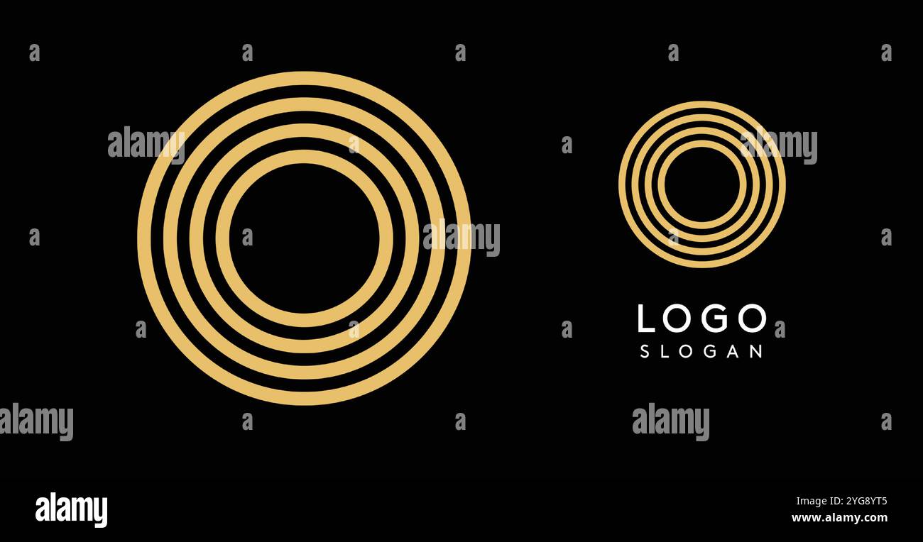 Konzentrische goldene Kreise, Buchstabe O, auffällige, schlanke, geometrische Logovorlage. Luxus-, Balance- und Modernität-Logo für Premium-Branding und Corporate Stock Vektor