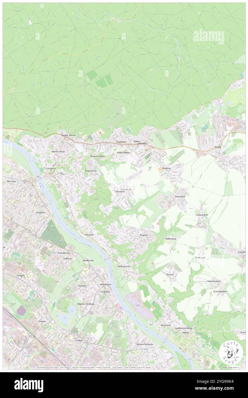 Rochwitz, DE, Deutschland, Sachsen, N 51 3' 3''', N 13 50' 44''', Karte, Kartenbild, 2024 veröffentlicht. Erkunden Sie Cartascapes, eine Karte, die die vielfältigen Landschaften, Kulturen und Ökosysteme der Erde enthüllt. Reisen Sie durch Zeit und Raum und entdecken Sie die Verflechtungen der Vergangenheit, Gegenwart und Zukunft unseres Planeten. Stockfoto