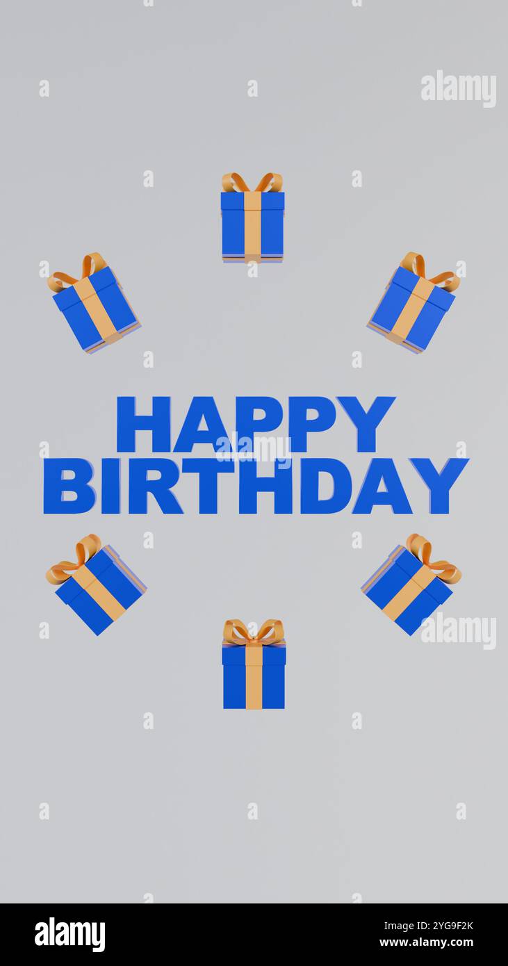 Ein minimalistisches und festliches 3D-Design mit dem Text „Happy Birthday“ in Blau und Geschenkartikeln. Stockfoto