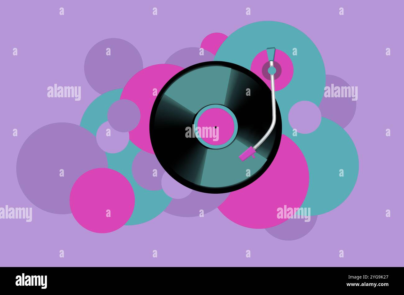 Ein Vinyl-Album ist auf einem Drehtisch in einem Feld von bunten Kreisen zu sehen, das eine 3D-Illustration über klassische Vinyl-Alben ist. Stockfoto