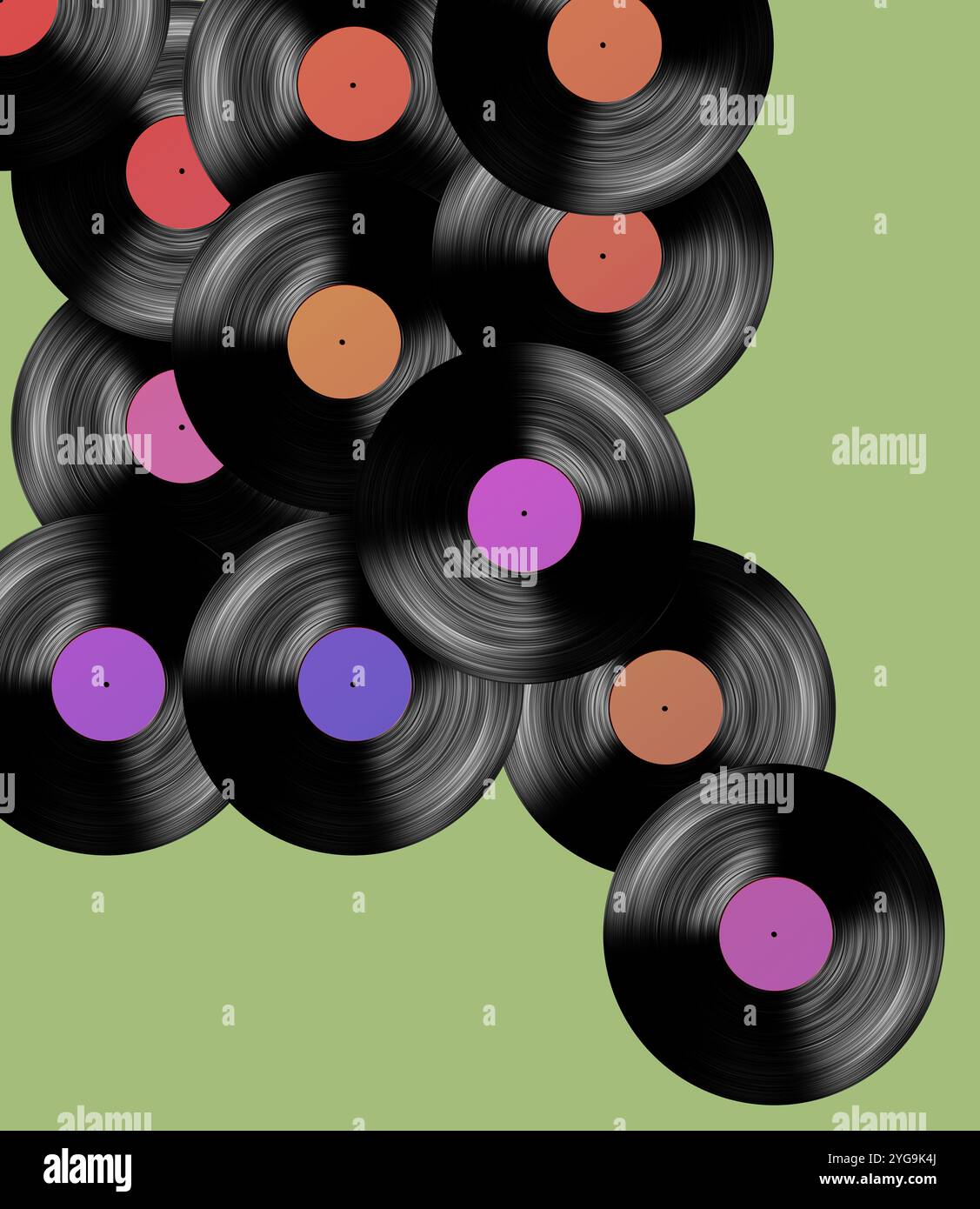 Klassische Schallplatten-Alben werden in einer Gruppe in einer Hintergrundillustration gesehen. Stockfoto