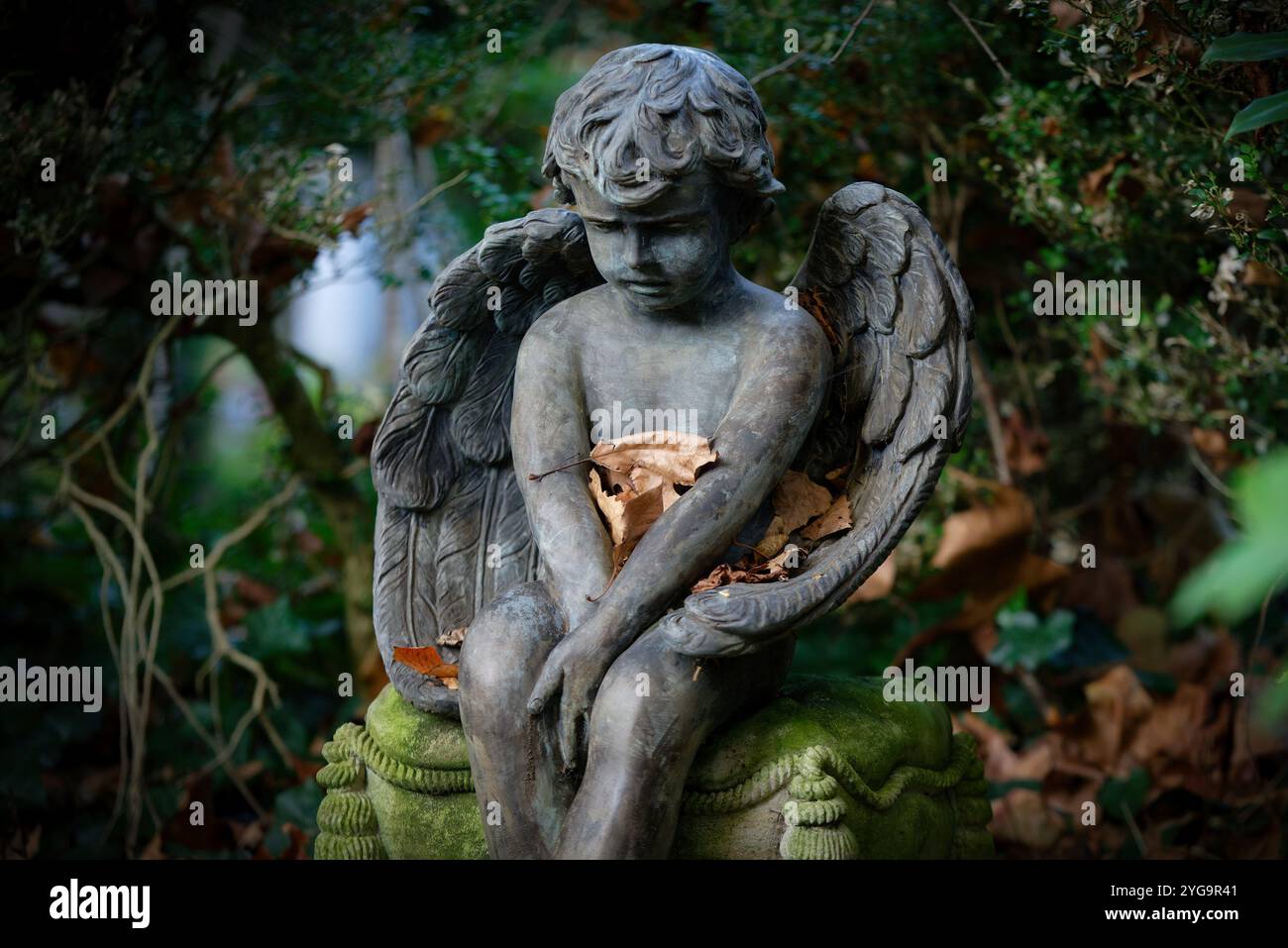 Ein kleiner geflügelter Putti mit gefalteten Händen zwischen den Knien und mit Herbstblättern bedeckt sitzt auf einem Grabstein und sieht traurig zu Boden aus Stockfoto