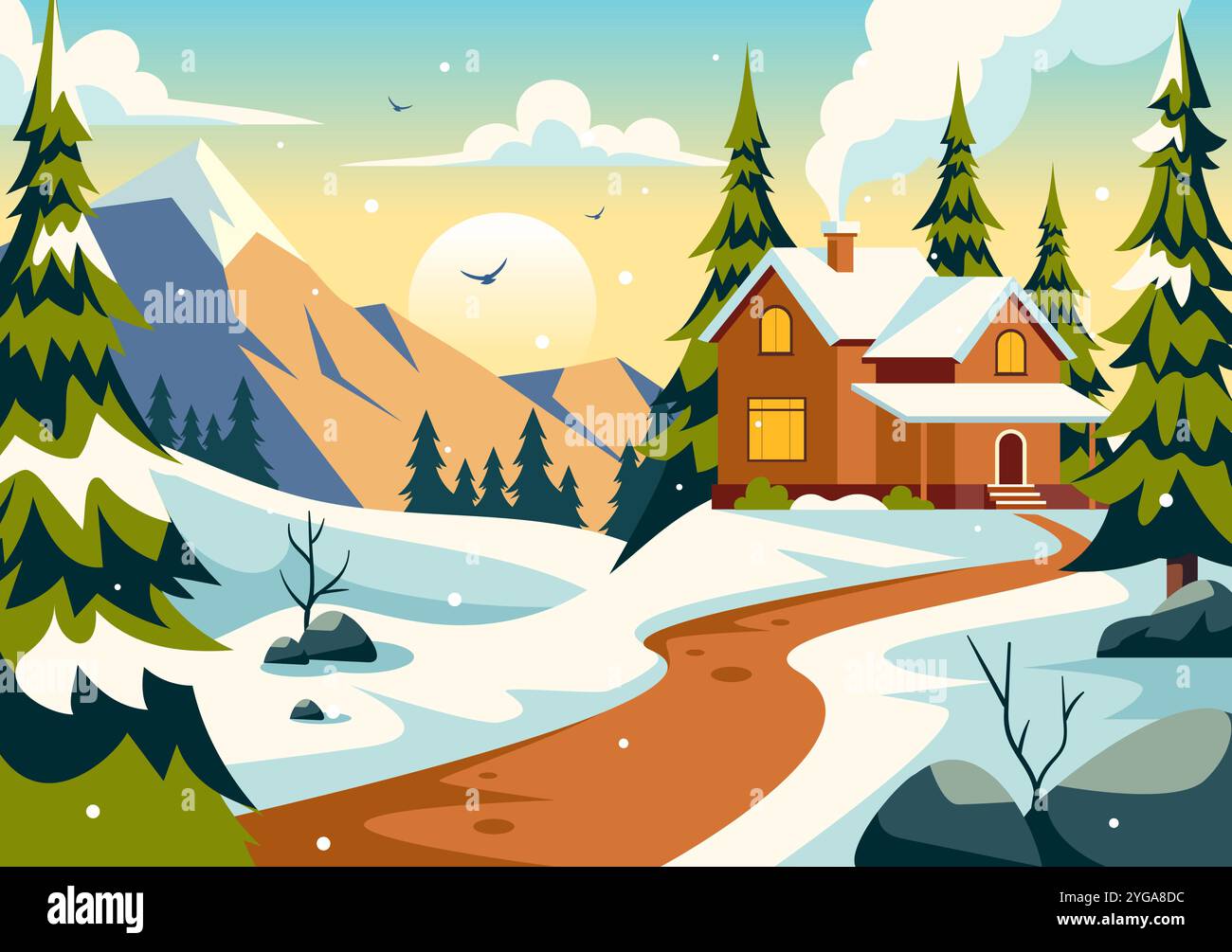 Bezaubernde Winter Village Vektor-Illustration mit gemütlichen Häusern in einer szenischen schneebedeckten Berglandschaft, mit einer ruhigen Natur im Hintergrund Stock Vektor