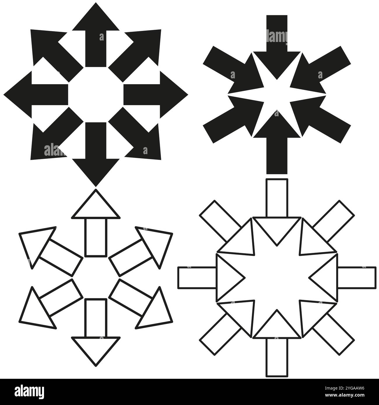 Pfeilsymbol. Kreisförmiges Richtungssymbol. Mehrere Ausrichtungsvektoren. Schwarz-weiß-Form. Stock Vektor