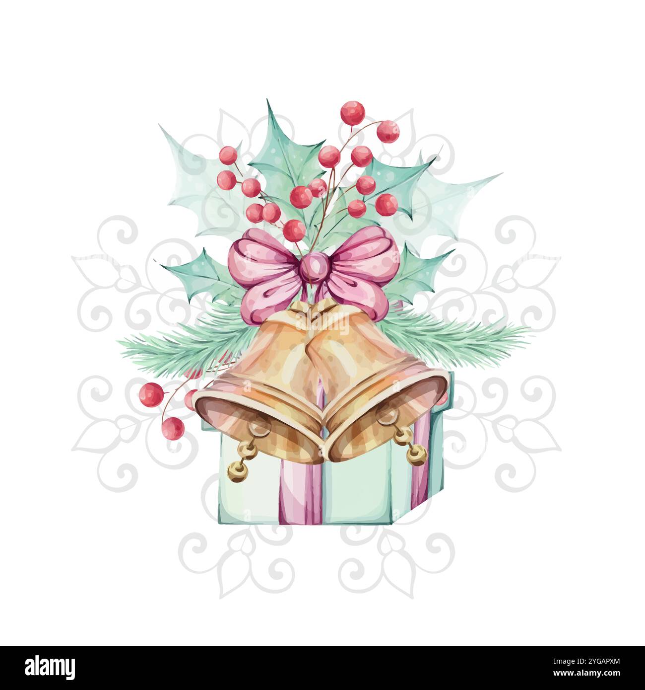 Goldene Glocke mit Schleife, mit stechpalmengrünen Blättern, roten Beeren und Tanne. Geschenk mit roter Schleife, grüne Box zum Feiern. Isoliert Stock Vektor