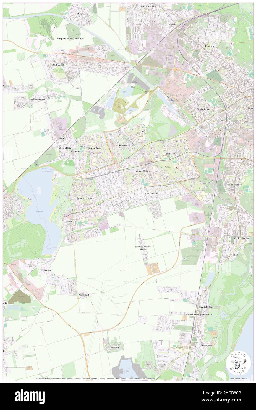 Gruenau-Siedlung, DE, Deutschland, Sachsen, N 51 18' 42''', N 12 16' 58''', Karte, Cartascapes Map veröffentlicht 2024. Erkunden Sie Cartascapes, eine Karte, die die vielfältigen Landschaften, Kulturen und Ökosysteme der Erde enthüllt. Reisen Sie durch Zeit und Raum und entdecken Sie die Verflechtungen der Vergangenheit, Gegenwart und Zukunft unseres Planeten. Stockfoto