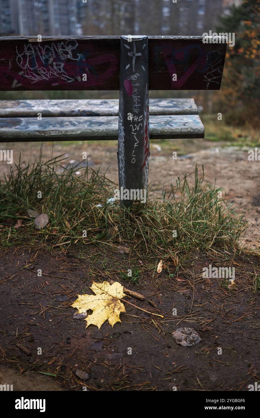 Lahti, Finnland. 27. Oktober 2024: Einsames gelbes Blatt auf einem matschigen Boden in der Nähe einer verwitterten Parkbank Stockfoto