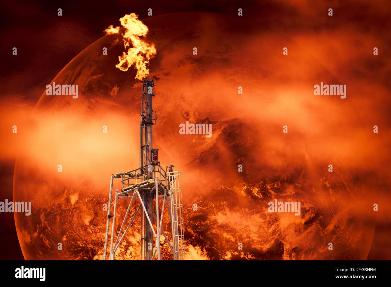 Flare Tower, Methan Gas Flare Overlay Red Smoke Earth, Global Warming Environment Impact from Öl and Gas Petroleum Industrial Concept.Element from N Stockfoto