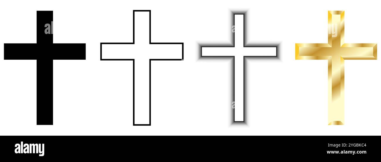 Christliches Kreuz in vier Entwürfen, religiöses Element isoliert auf weißem Hintergrund Stock Vektor