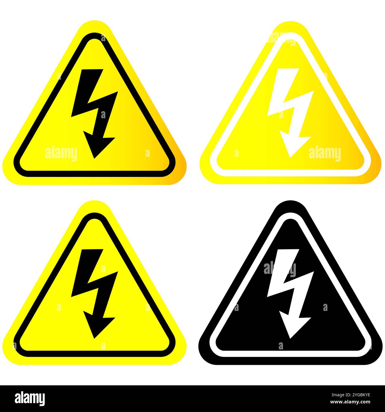 Gelbe Hochspannungsdreieckschilder mit Blitz in 4 Designs, Farbe und Schwarzweiß isoliert auf weißem Hintergrund Stock Vektor