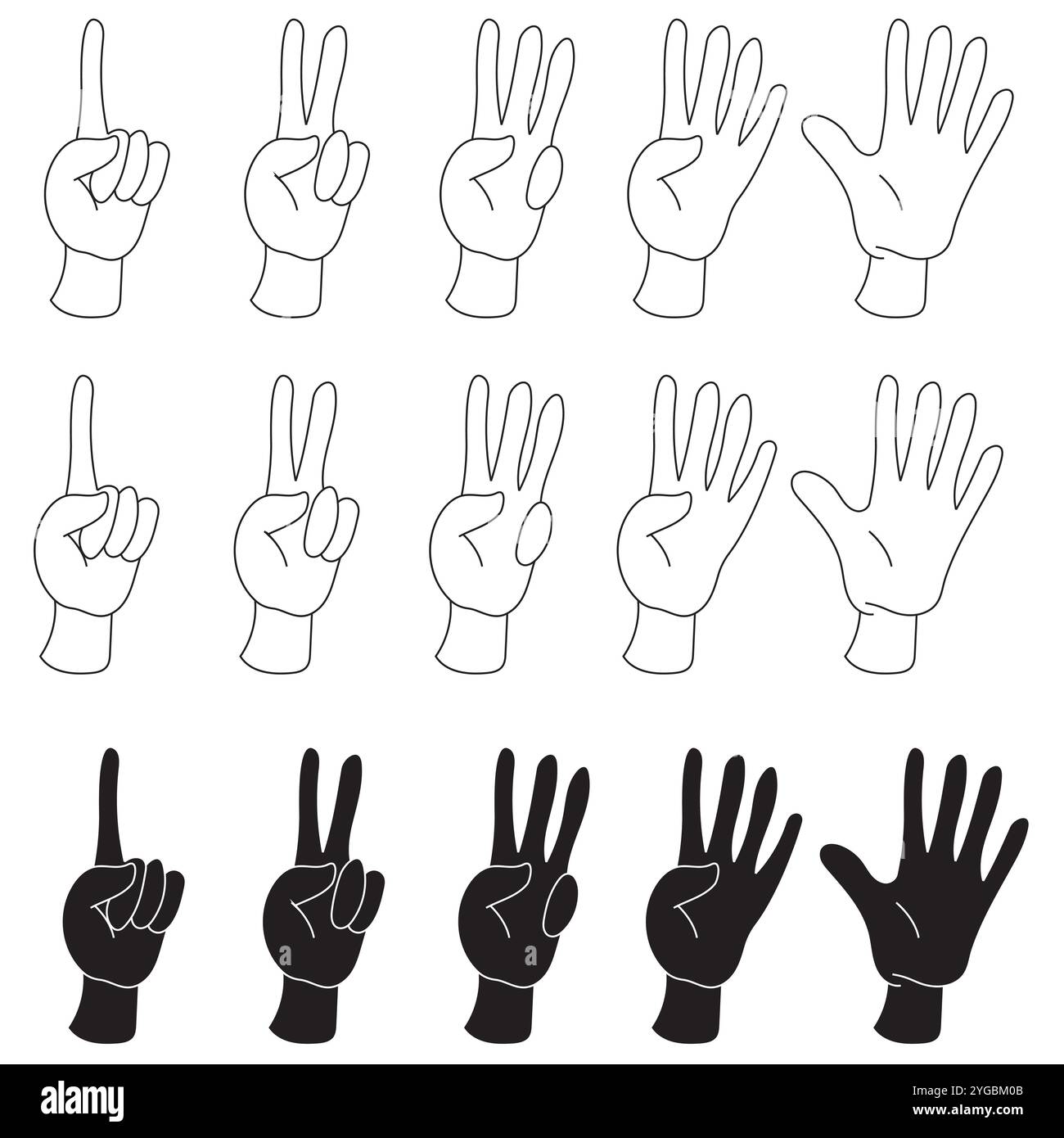 Handsatz mit einem Finger, der eins bis fünf in Schwarz-weiß und weiß und Schwarz auf weißem Hintergrund zählt Stock Vektor