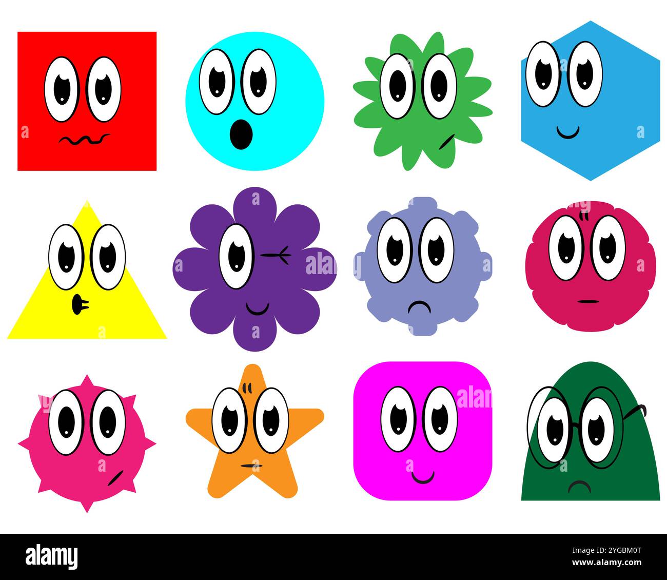 Set lustig geformter Gesichter im Zeichentrickstil, isoliert auf weißem Hintergrund Stock Vektor