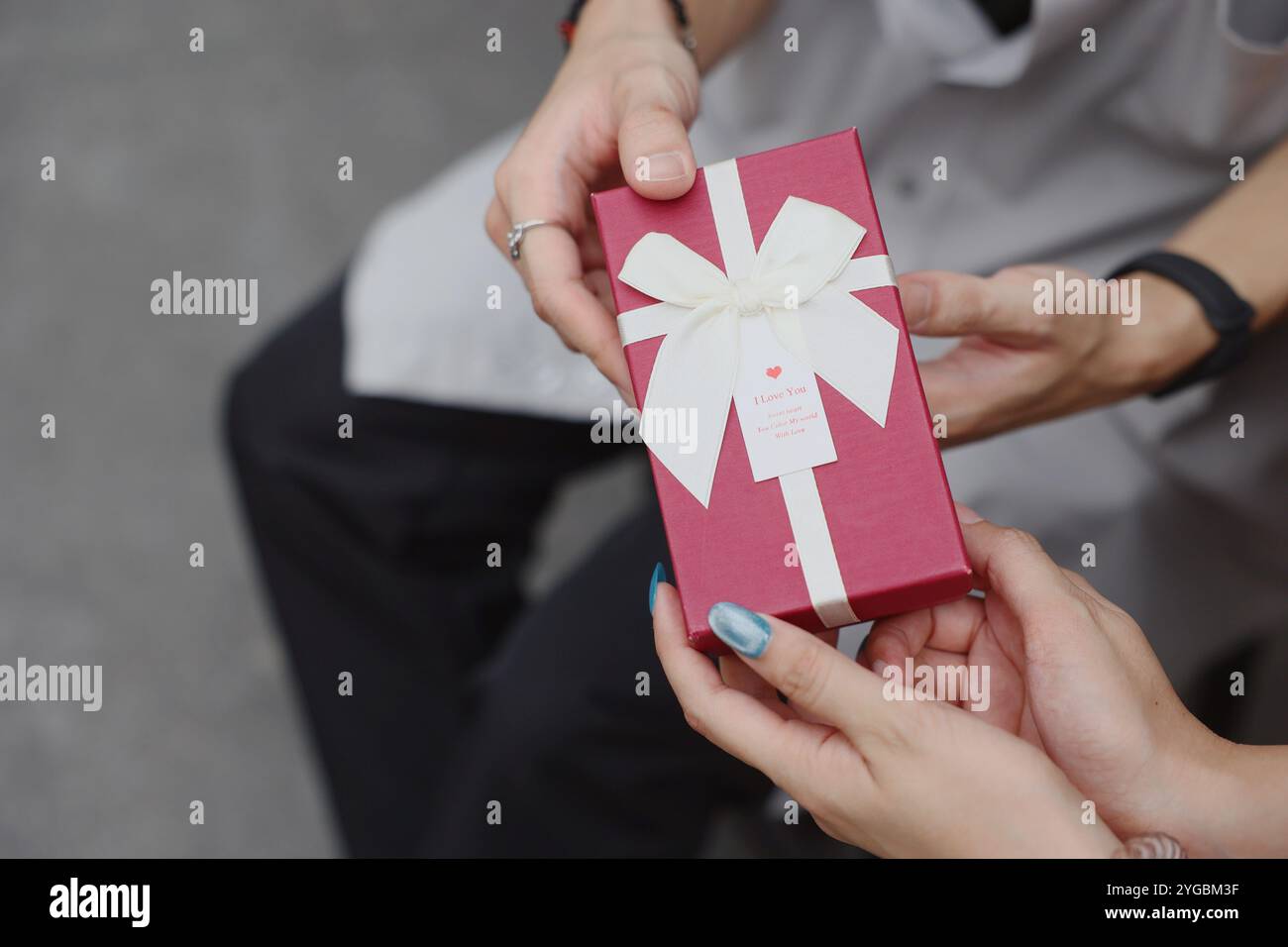 Paarliebhaber Schenken Eine Rote Geschenkbox Mit Weißer Schleife Zusammen Für Ein Liebesangebot Für Partnerfeiern Oder Geburtstagsgeschenke. Stockfoto