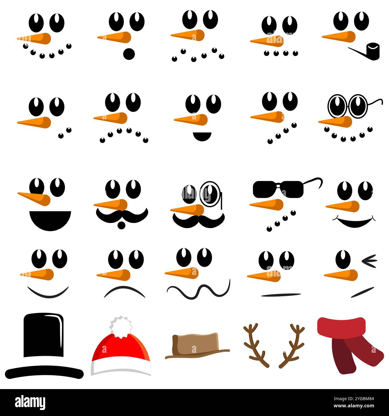 Sammlung verschiedener Snowman-Gesichtselemente, isoliert auf weißem Hintergrund Stock Vektor