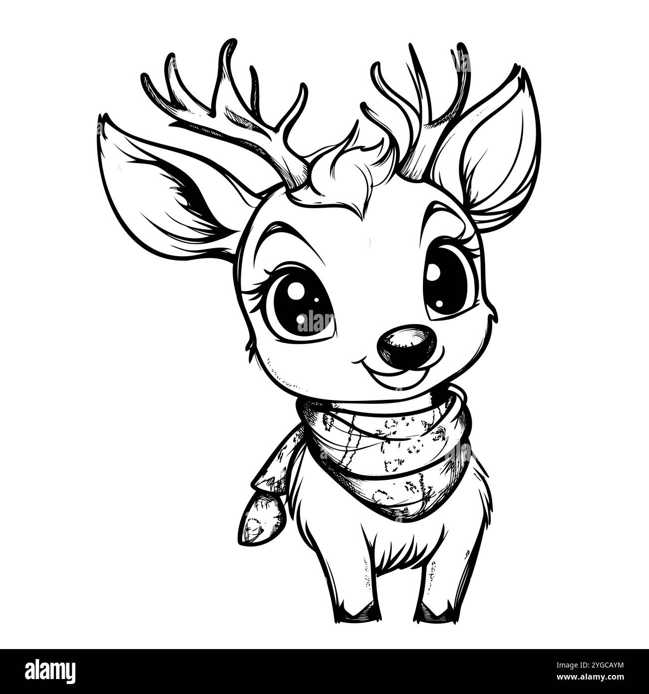 Niedlicher Cartoon-Hirsch mit großen Augen und Schal im schwarz-weißen Umrissstil Stock Vektor