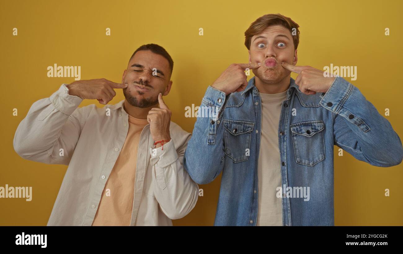 Männer machen lustige Gesichter, zwei Freunde posieren vor gelbem Hintergrund, tragen lässige Kleidung, zeigen eine spielerische Beziehung. Stockfoto