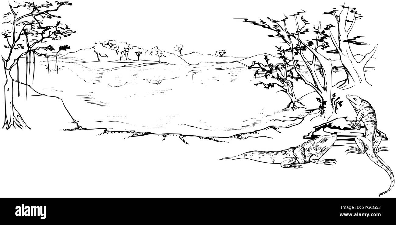 Dschungel-Regenwald Amazonas-Ufer mit Bäumen, Bergen, Hügeln und Leguanen. Handgezeichnete Tusche Vektor-Illustration, isoliert szenisch Stock Vektor