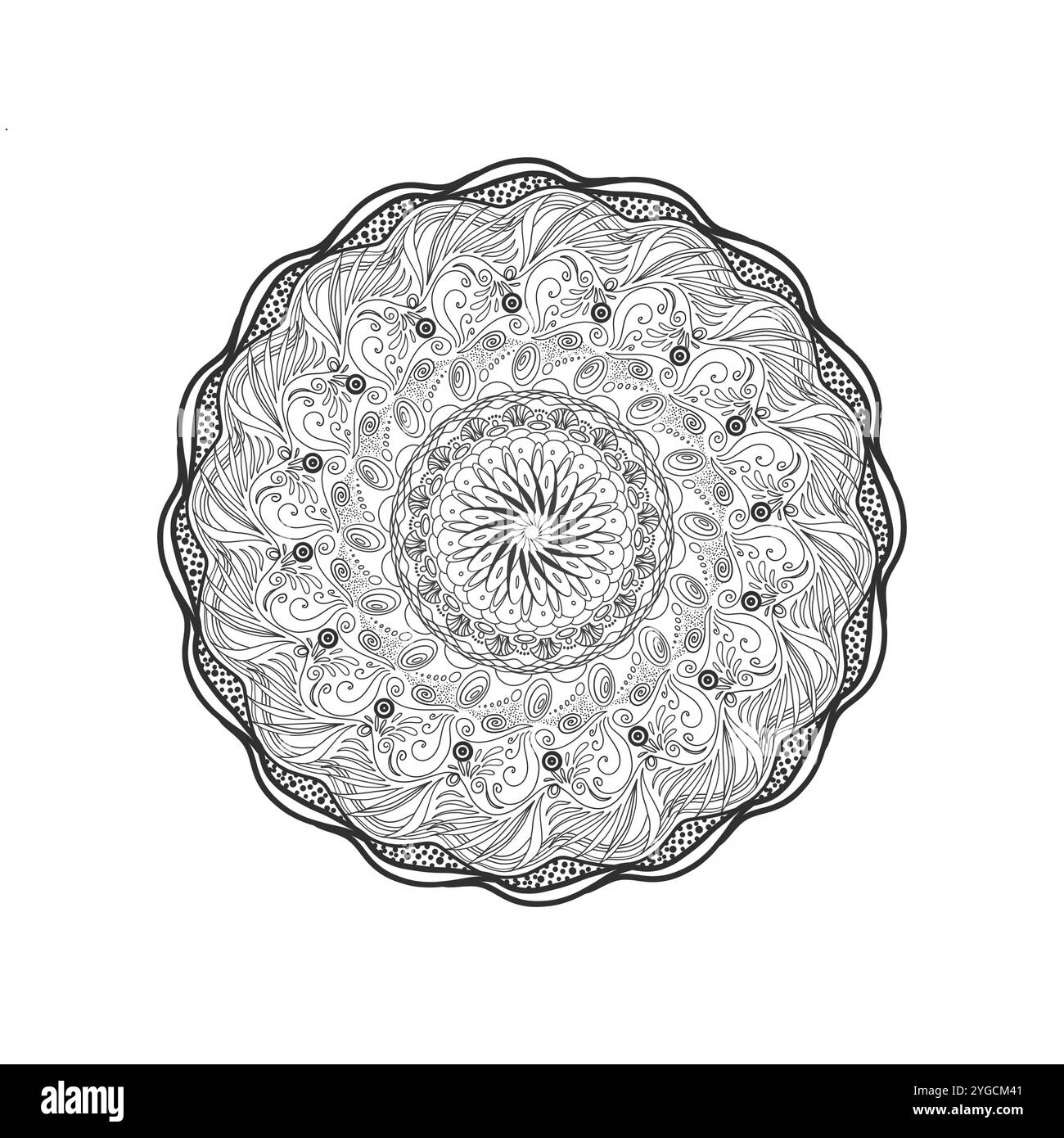 Mandala Umriss Kunstmuster durch freie Handzeichnung inspiriert von der Natur für Malbuch. Geometrisches traditionelles Muster für Henna, Tattoos und Dekoraten Stockfoto