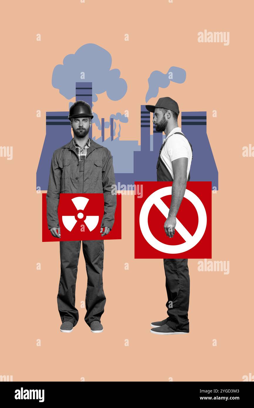 Vertikale Fotocollage von ernsten Männern Arbeitern Fabrik nukleare Luftverschmutzung biologische Gefahrenlage Halt Stopp Reaktor Zeichen isoliert auf gemaltem Hintergrund Stockfoto