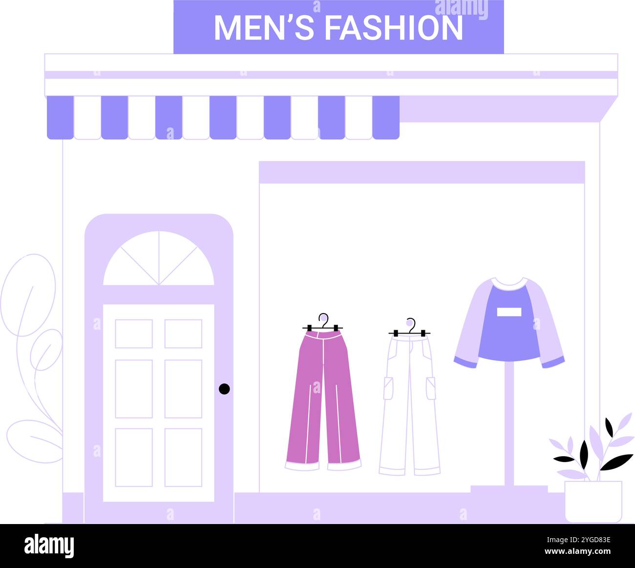 Mens Fashion Store Mit Kleidung Display In Der Flachen Vektor-Illustration, Die Einzelhandel, Bekleidungsgeschäft Und Stil Symbolisiert, Isoliert Auf Weißem Hintergrund. Stock Vektor