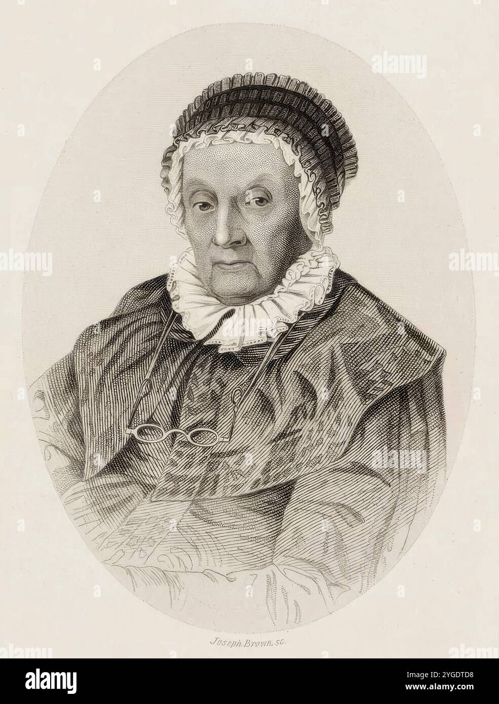 Caroline Herschel (1750–1848), deutsche Astronomin, Schwester von Friedrich William Herschel, Stippelporträtstich von Joseph Brown nach George Müller, 1840-1849 Stockfoto