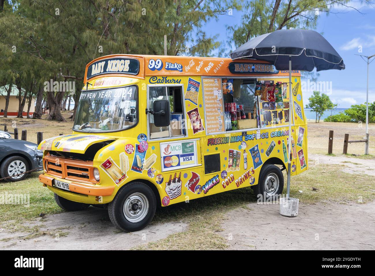 Typischer Eiswagen am Strand, Eis, Indischer Ozean, Insel, Mauritius, Afrika Stockfoto