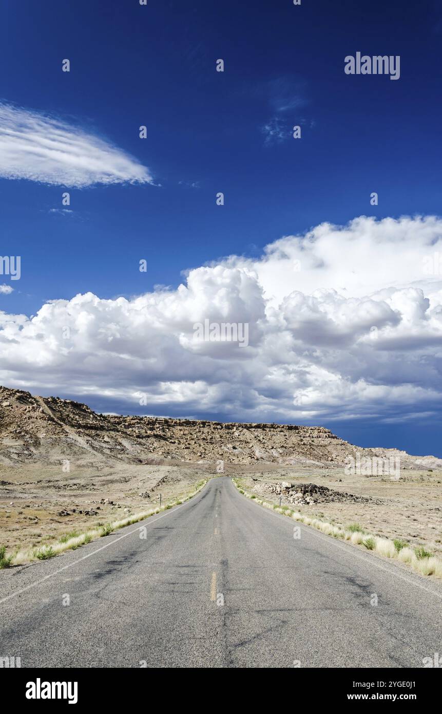 Straße in Wüstenlandschaft unter blauem Himmel mit dunklen Wolken im Hintergrund Stockfoto