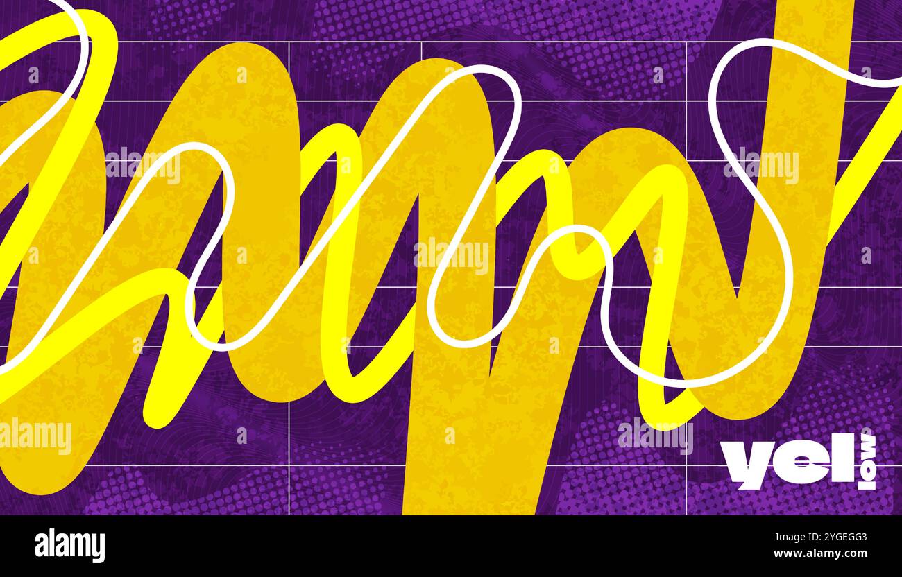 Abstrakter kreativer Hintergrund mit Wellenlinien, Halbtönen und Textureffekten im Farbstil Gelb, Lila und weiß Stock Vektor