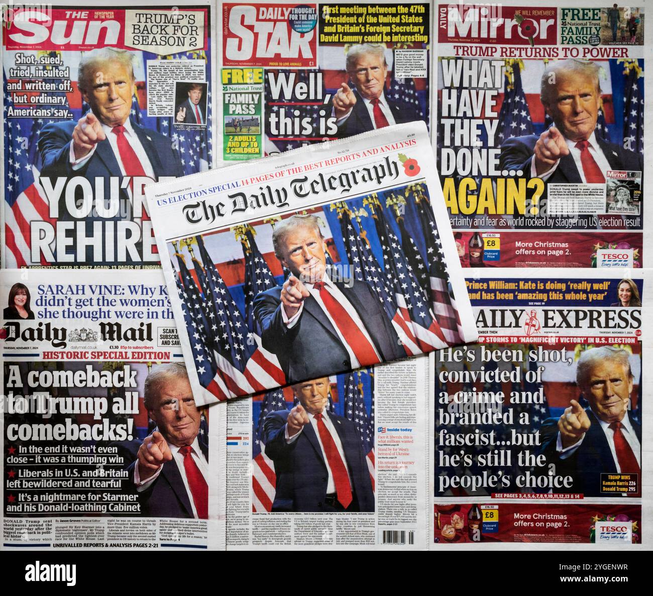 7. November 2024. Die Titelseiten der britischen Zeitungen melden ihren Schock über das amerikanische Wahlergebnis, dass Donald Trump erneut zum Präsidenten gewählt wurde. Stockfoto