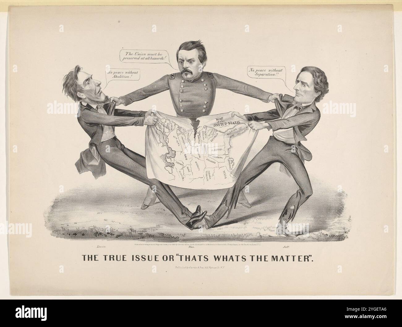 Während des gesamten Bürgerkriegs veröffentlichten Currier & Ives politische Satiren. Hier kämpfen Abraham Lincoln und Jefferson Davis, Präsidenten der Vereinigten Staaten und der Konföderation, um eine Karte des östlichen Vereinigten Staaten zu kontrollieren, die von Osten nach Westen zu reißen begonnen hat. General George McClellan, Lincolns Gegner im Präsidentschaftswahlkampf von 1864, steht zwischen den Kandidaten und erklärt, dass die Union um jeden Preis erhalten werden muss. Lincoln kontert: "Kein Frieden ohne Abschaffung!!" Während Davis darauf besteht: "Kein Frieden ohne Trennung!!" Das Bild verkörpert die wichtigsten politischen Positionen, die dargestellt werden Stockfoto