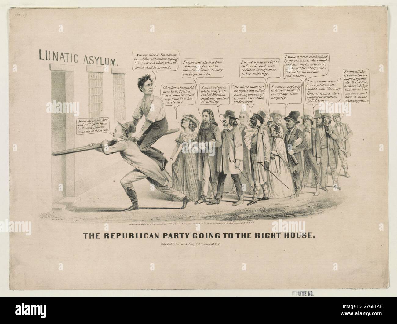 Abraham Lincolns Anhänger werden als Radikale und Exzentriker verschiedener Streifen dargestellt. Die Satire basiert lose auf einem Anti-Fremont-Zeichentrick aus dem vorherigen Präsidentschaftswahlkampf „The Great Republican Reform Party“ (Nr. 1856–22), ebenfalls herausgegeben von Nathaniel Currier. Hier führt Lincoln, der auf einem hölzernen Geländer sitzt, den Horace Greeley trägt, seine Anhänger zu einer Irrenanstalt. Greeley weist ihn an: "Halt mich an Abe, und wir gehen hier rein, wenn die Leute einstimmig zustimmen." Lincoln ermahnt seine Anhänger: "Jetzt, meine Freunde, in denen ich fast bin, und das Jahrtausend wird beginnen, also frag, was du willst Stockfoto