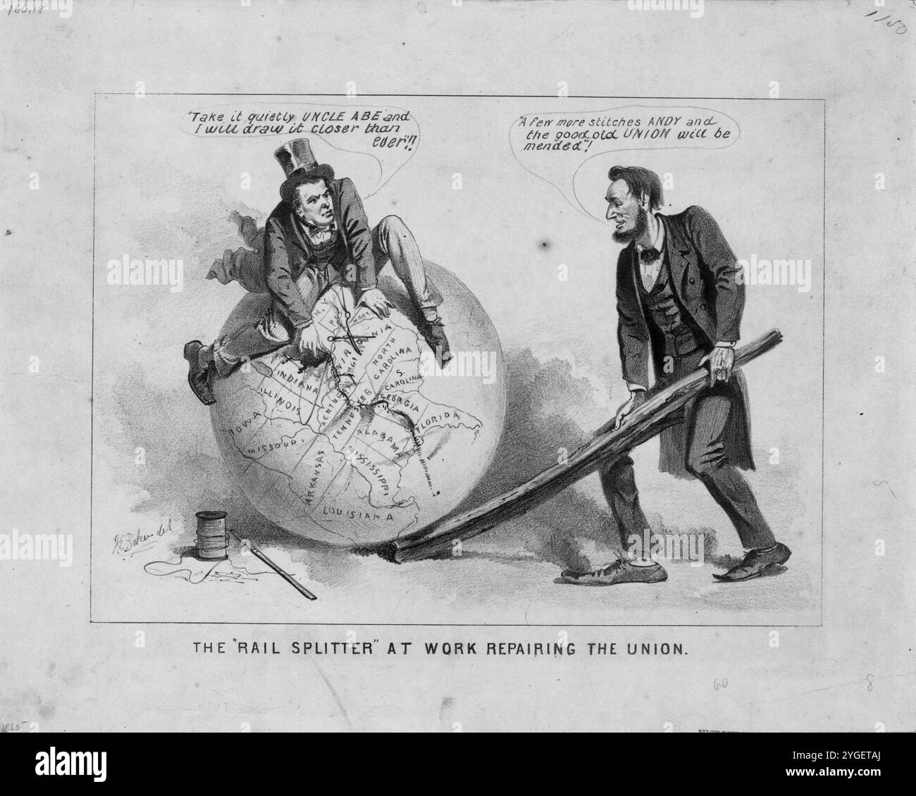Der Cartoondruck zeigt den Vizepräsidenten Andrew Johnson, der auf einem Globus sitzt und versucht, die Landkarte der Vereinigten Staaten mit Nadel und Faden zusammenzufügen. Abraham Lincoln steht, rechts, benutzt eine geteilte Schiene, um den Globus zu positionieren. Johnson warnt: "Nimm es ruhig, Onkel Abe, und ich werde es enger als je zuvor zeichnen." Während Lincoln ihn lobt, werden noch Ein paar Stiche, Andy und die gute alte Vereinigung repariert werden. Stockfoto